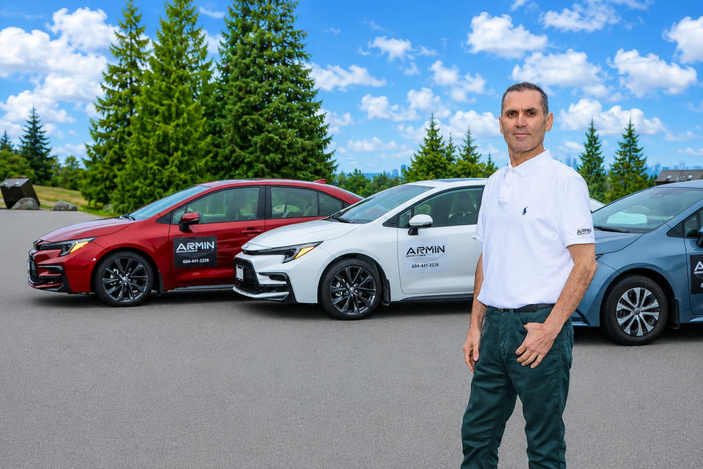 Armin Driving School instructor with training cars for Class 5 and 7 driving lessons