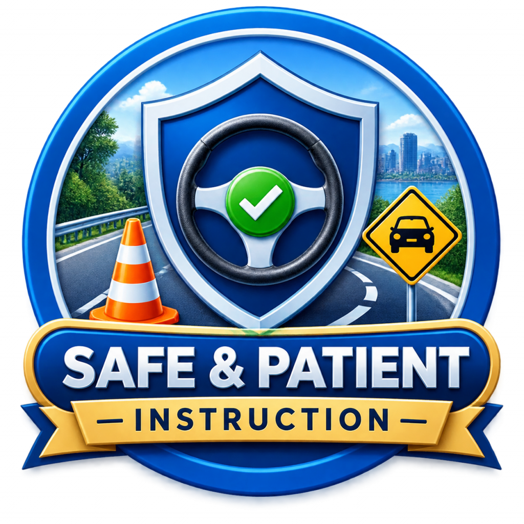Safe and patient driving instruction badge representing safety-focused training at Armin Driving School