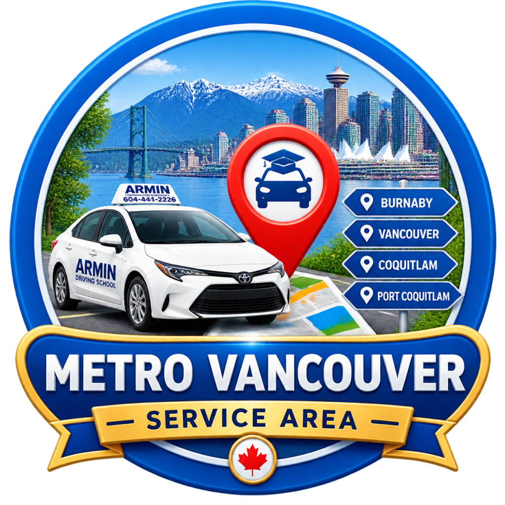 Metro Vancouver service area badge showing Armin Driving School vehicle and locations served